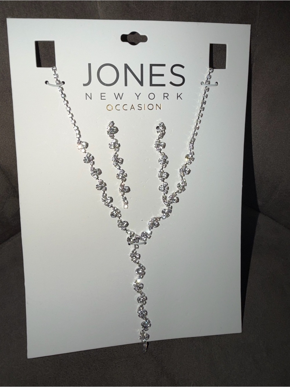 Jones New York Silver-Tone Crystal Y Necklace with Matching Drop Earrings